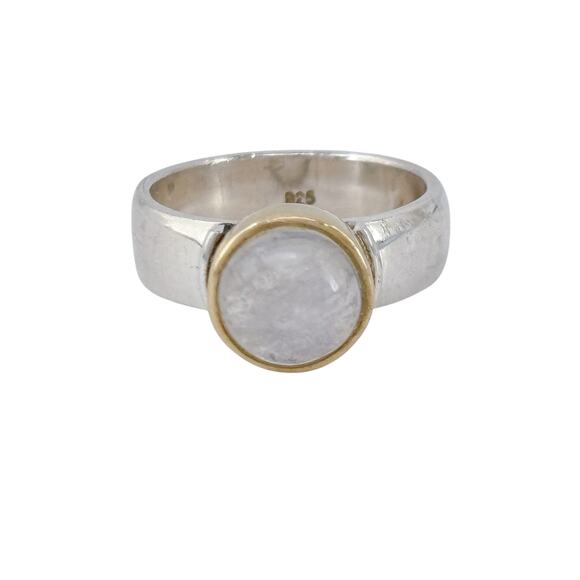 Rainbow Moonstone Gold Accent Bezel Ring | Sterling Silver 925 | Size 6 - Picture 2 of 15